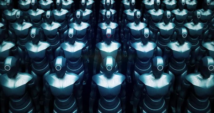 Crowd of futuristic humanoid robots walking in dark cinematic style. Technology Related Abstract 3D Concept Animation.