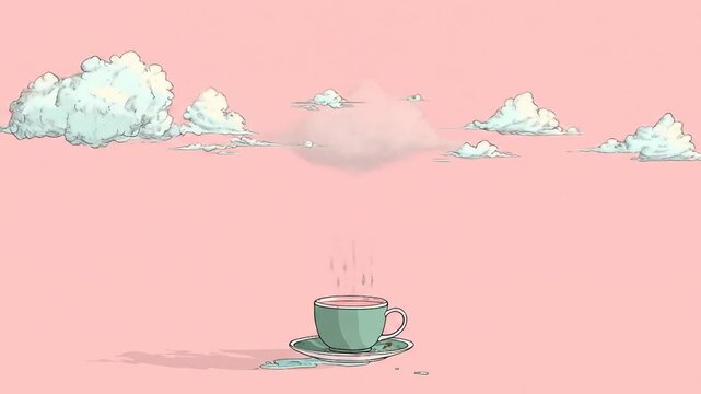 Animated cloud raining into cup surreal pastel illustration