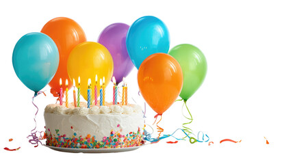 Colorful birthday cake with burning candles decorated with frosting icing layers festive sweet dessert celebration food isolated on white background