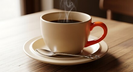 Fototapeta premium Morning Coffee - A Warm Cup on a Wooden Table.
