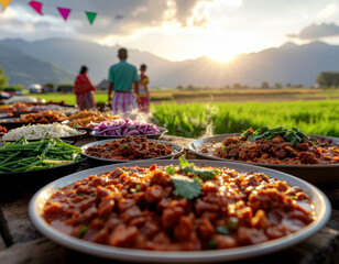 Traditional Cultural Feast with Local Dishes in Scenic Countryside