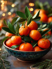 Stacked mandarins and oranges in a decorative bowl surrounded by greenery