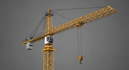 Heavy-duty yellow construction tower crane isolated on a grey studio background for industrial concepts