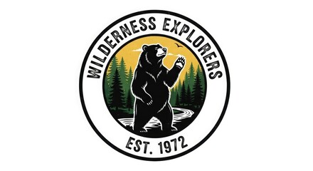 Wilderness explorers bear logo design adventure travel nature outdoors wildlife company established in nineteen seventy two