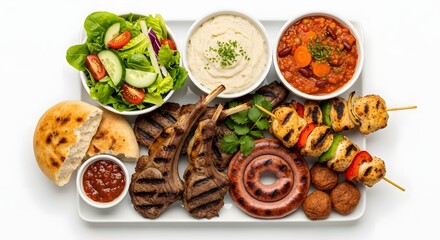 Delicious Feast of Grilled Lamb, Skewers, and Fresh Salad on Platter in Bright Kitchen Setting