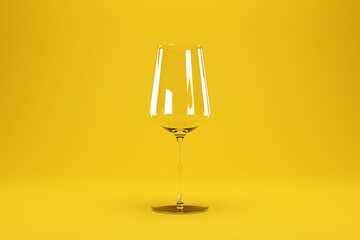 An empty transparent wine glass on a yellow background. Illustration of the concept of sobriety, alcohol free and gourmet