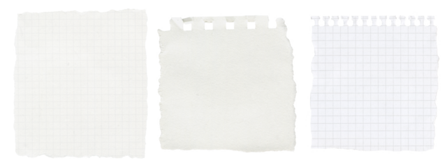 Set of Torn and Crumpled Paper Sheets. White notebook pages, blank notes and rough textured pieces isolated with transparent background