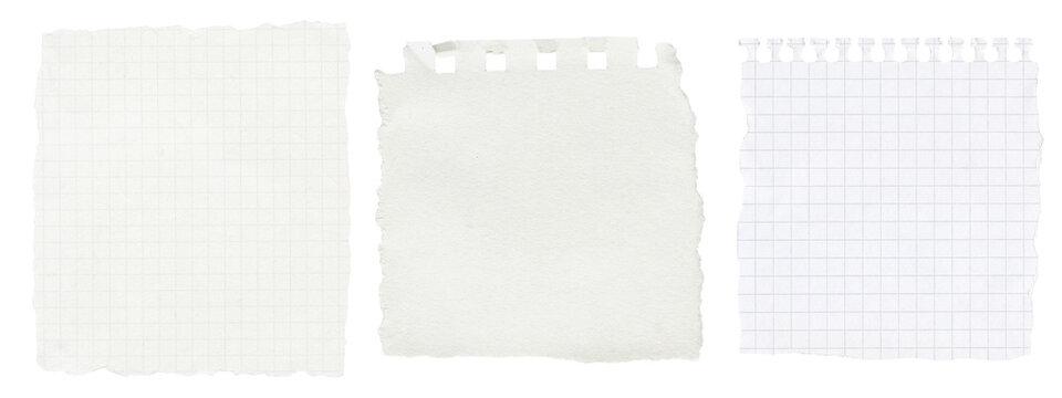 Set of Torn and Crumpled Paper Sheets. White notebook pages, blank notes and rough textured pieces isolated with transparent background