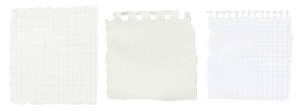 Set of Torn and Crumpled Paper Sheets. White notebook pages, blank notes and rough textured pieces isolated with transparent background