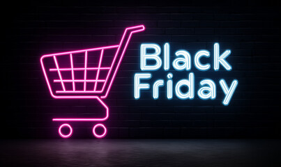 A neon shopping cart with the text Black Friday on a dark background, a banner for an online store promotion of a Black Friday sale or Cyber Monday event.