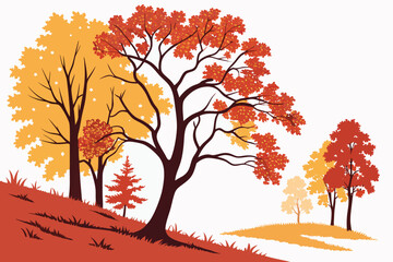 Autumn forest scene with orange and yellow trees fall