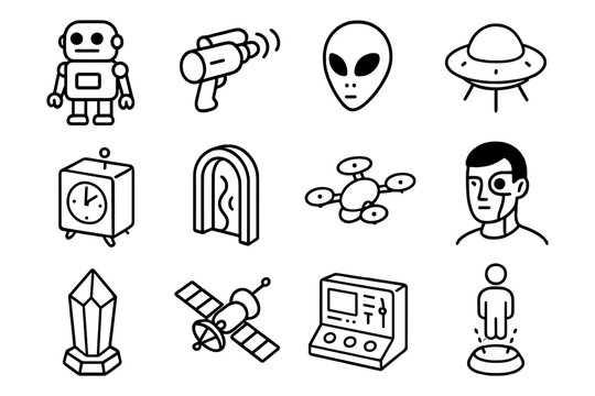 Futuristic outline icons collection featuring robots, spaceships, and alien technology