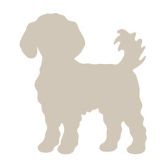 Silhouette of a small dog with curly tail and fluffy fur standing on a white background in a simple style