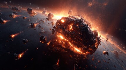 An explosive cosmic event depicting asteroid fragments igniting in space, showcasing the beauty of celestial dynamics.