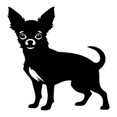 Silhouette of a chihuahua standing with pointed ears and a curled tail in black and white design