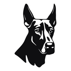 Illustration of a doberman pinscher dog head with pointy ears in black and white vector style
