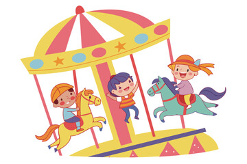Children riding colorful carousel horses ride amusement park