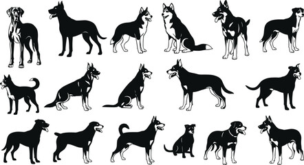 Dog breed silhouette collection, domestic pet vector, black canine illustration, puppy animal design, isolated hound background, pet artwork for decoration