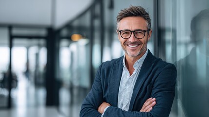 Obraz premium Confident businessman smiling in a modern office, embodying professionalism and success.