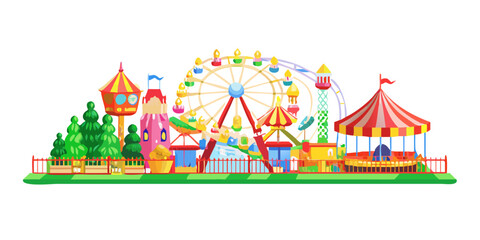 Colorful amusement park with Ferris wheel and rides