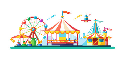 Colorful amusement park rides with Ferris wheel and carousel