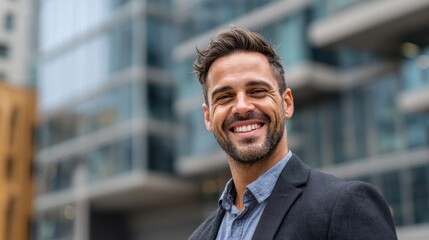 Fototapeta premium Confident businessman smiling outdoors in urban setting, showcasing professional attire and positive attitude.