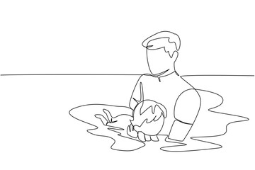 Single continuous line drawing a man holding a baby girl learning to swim. The first day of swimming for the cute and adorable baby. National Learn to Swim Day. One line design vector illustration