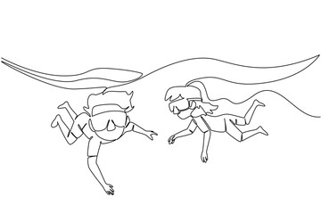 Single one line drawing boys and girls using swimming goggles for diving. Two brothers and sisters in the swimming pool. Newbie. National Learn to Swim Day. Continuous line design graphic illustration