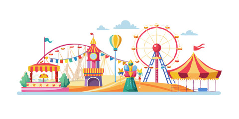 Colorful Carnival Scene with Ferris Wheel and Rides