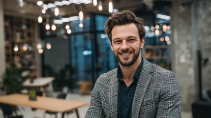 Obraz premium Confident man in modern office attire smiling at the camera, showcasing a friendly and professional demeanor.