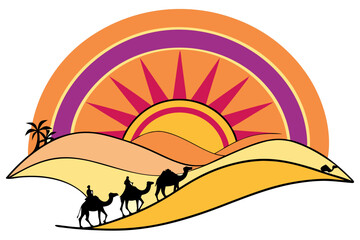 Colorful desert sunrise with camels and palm trees