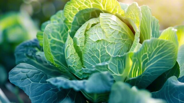 Fresh green cabbage head emerges in sunlight, showcasing intricate leaf textures and vibrant colors, highlighting the natural growth process in a lush garden environment
