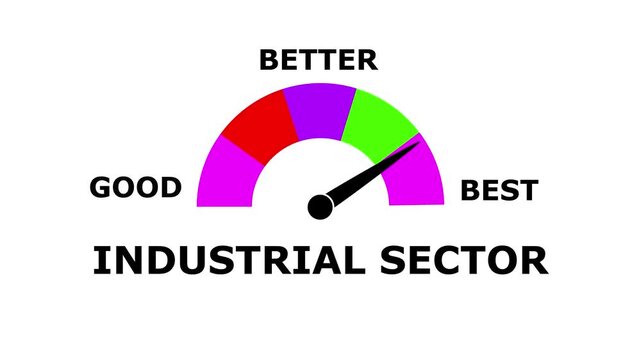 Animated industrial Sector Performance Meter &ndash; Increasing and Decreasing Gauge from Good to Best Levels, Comparison Indicator for  Data Visualization,  perfomance, and Motion Graphic Reports
