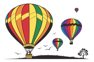 Colorful hot air balloons flying over landscape rainbow