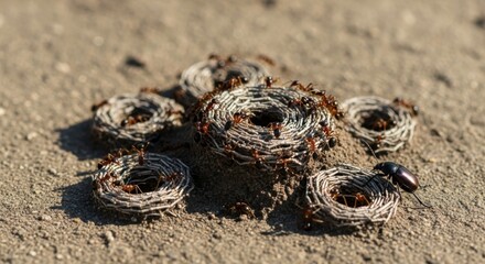 Ants Building Nest in Sandy Terrain with Small Insect
