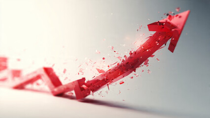 Dynamic red upward trending arrow graph showing explosive growth, success, and breakthrough on bright background