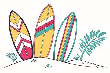 Colorful surfboards on a sandy dune with tropical leaves