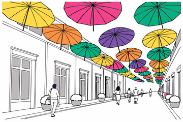 Colorful umbrellas over street with people walking © RABBY MIA