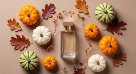 Elegant perfume bottle surrounded by autumn pumpkins and leaves  