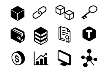 Monochrome minimalist icons: technology, finance, and security elements
