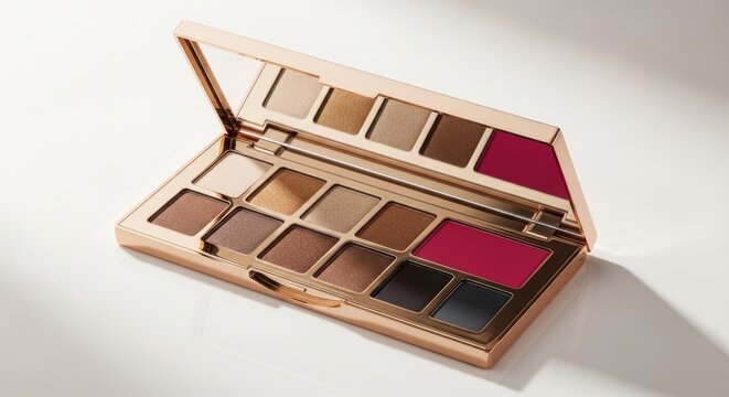 Makeup palette with various shades on white background — Concept of cosmetics  