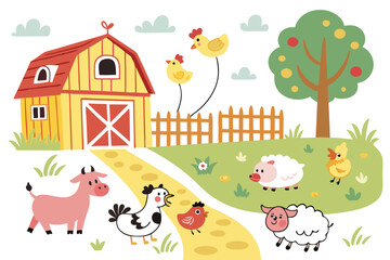 Cute Farm Animals and Barn on White Background sheep