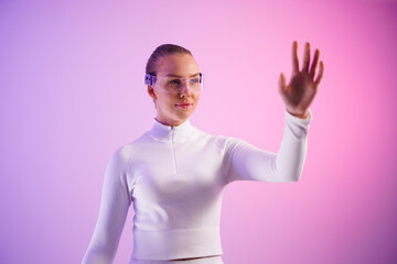 Female in smartglasses against colored background