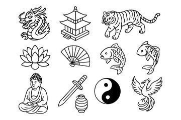Obraz premium Asian symbols collection: dragon, pagoda, yin yang, and more in black and white