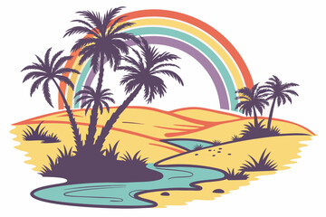 Desert oasis with palm trees and rainbow landscape 1