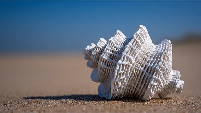 White seashell on sandy beach against blurred ocean and blue sky
