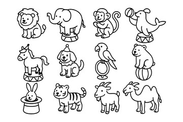 Obraz premium Circus animal line art: adorable creatures in playful costumes