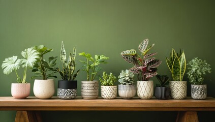 Potted plants in various ceramic pots on a wooden bench against a green wall