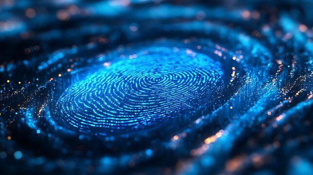 Glowing blue digital fingerprint amidst abstract cosmic network