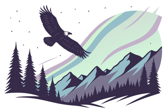 Eagle flying over aurora borealis mountains and pine trees